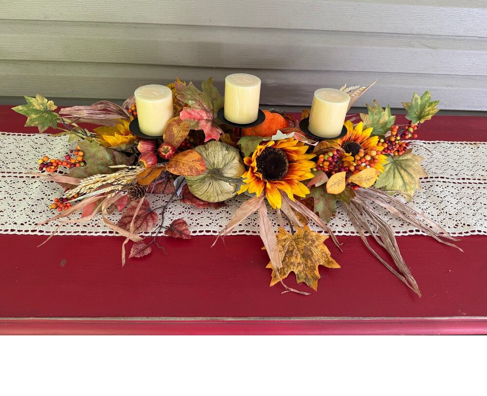 Fall Floral Centerpiece 5pc Set - Sunflower Pumpkin Table Decor & Crochet Runner
